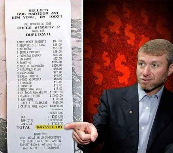 Роман Абрамович потратил 47 тысяч долларов на свой обед, раздав официантам еще 5 тысяч вечнозеленых купюр